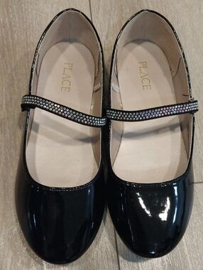 Place Black Patent Mary Jane Flats with Rhinestone Strap